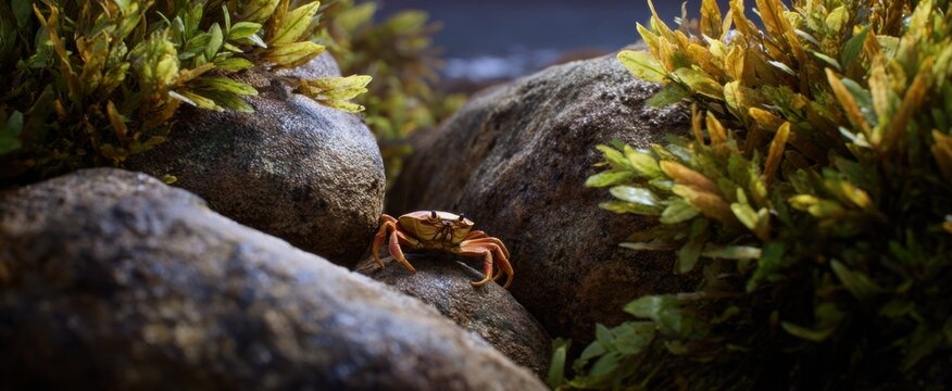 Camouflaged crab nestled within rugged rocky crevices and dense seaweed foliage