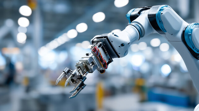 A robotic arm on an assembly line with a digital counter resetting for March production, in a high-tech factory, cool blue accent lighting, automated precision and new