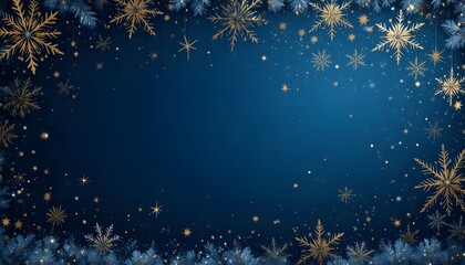 Elegant Dark Blue Christmas Background Adorned with Shimmering Golden Snowflakes