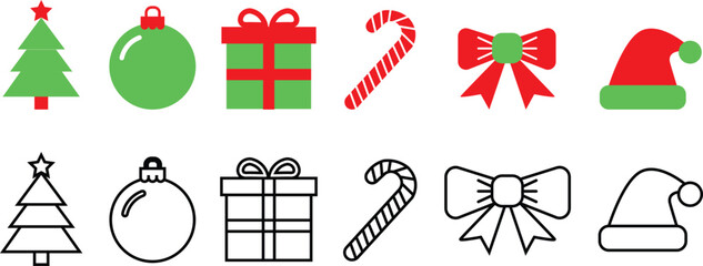 Christmas Icons Set. Flat Color and Outline Illustrations of Holiday Symbols: Tree, Ornament, Gift, Candy Cane, Bow, and Santa Hat.