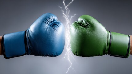 Two boxing gloves are shown with one glove being blue and the other green. The gloves are in the middle of a boxing match with a lightning bolt in the background
