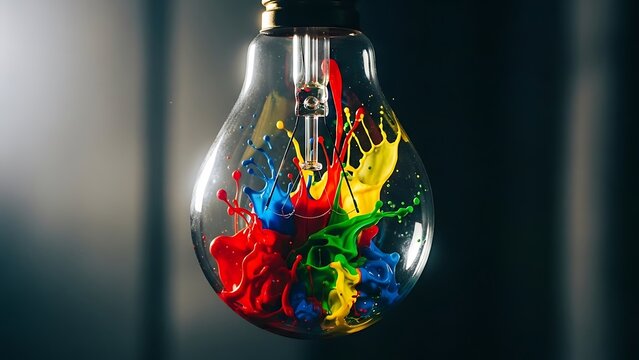 Colorful paint explosion inside a light bulb sparks creativity and innovation, a vibrant symbol for new ideas and artistic inspiration today