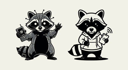 Fototapeta premium Whimsical Racoon Characters with Retro and Modern Tech Gadgets