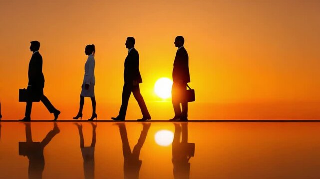 Business Team Walking Towards Success: Silhouette of professionals stride towards their goals against a vivid sunset, symbolizing ambition and progression