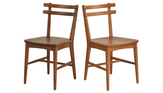 Two wooden chairs with slatted backs and square seats isolated on a transparent background