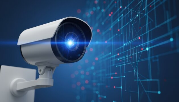 White modern CCTV security camera with a glowing blue lens flare against an abstract digital network background representing data and surveillance technology