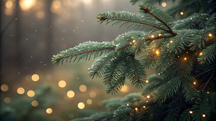Closeup of a frosted pine tree branch decorated with warm, glowing fairy lights in a soft, misty winter forest setting