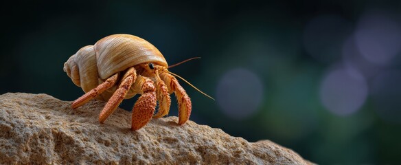 Hermit crab climbing up a rough rocky surface background