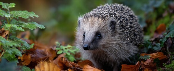 Obraz premium Hedgehog searching on a leafy woodland ground filled with fallen foliage and twigs