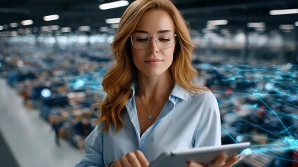 The Modern Manager: A focused female professional expertly navigates data with a tablet in a bustling, modern warehouse environment. Her determination and focus. - Powered by Adobe