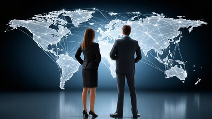 Global Visionaries: Two business professionals stand before a luminous world map, contemplating strategies for international expansion and global market domination. - Powered by Adobe