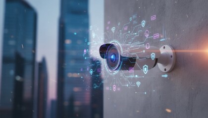 Modern smart security camera with a glowing lens projects a futuristic holographic interface with data icons against a blurred city background
