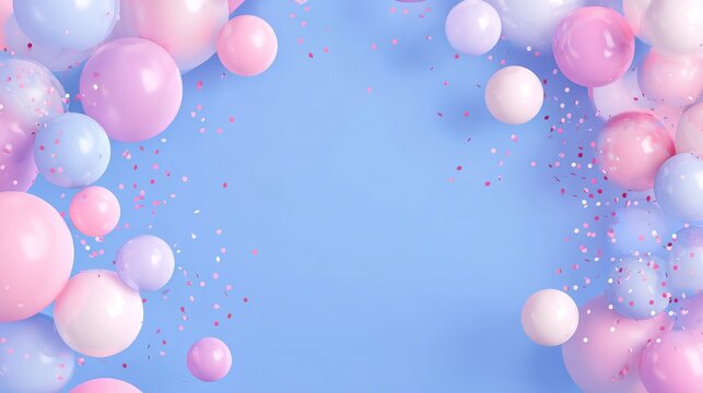 Festive birthday celebration background with blue and pink balloons, shimmering confetti, and colorful party decor for invitations and event design