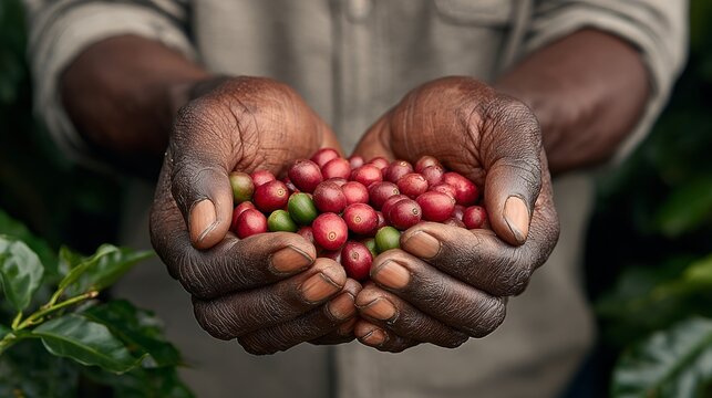 A man is holding a bunch of red berries in his hands. The berries are green and red in color