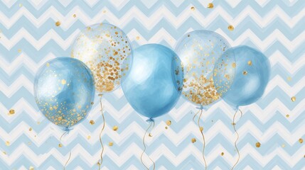 Festive birthday celebration with blue and transparent balloons, shimmering golden confetti, and modern zigzag pattern background for party decor and event design