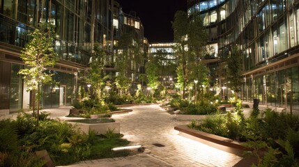 Urban courtyard at night