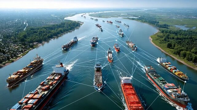 Maritime Harmony: A fleet of cargo vessels navigates a vast river, a symbol of global trade. The vessels glide through the water as a representation of connectivity and commerce.