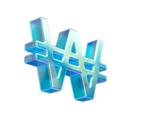 Obraz premium 3D Shiny iridescent Korean Won symbol in cool blue tones with soft glow and depth, 3D Illustration