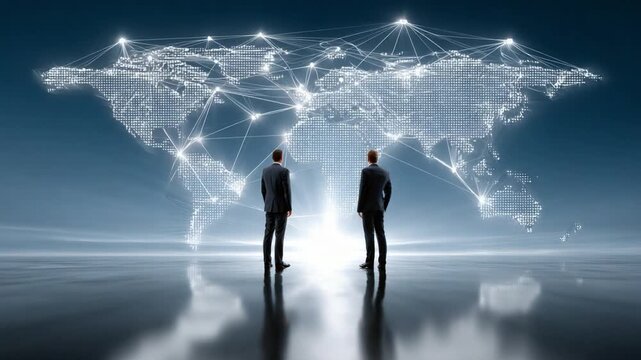 Global Visionaries: Two professional figures stand shoulder to shoulder, gazing upon a shimmering world map interlaced with networks, symbolizing global connectivity, strategy.