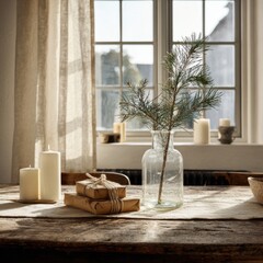 minimal christmas scene with wrapped gifts pine branch in glass jar and candles on rustic table in soft daylight with spacious copyspace for holiday branding winter marketing