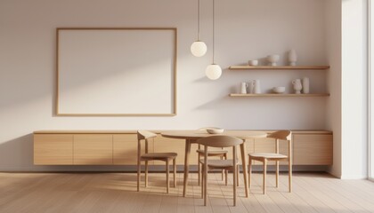Modern minimalist wooden dining table and chairs set in a bright, calm room with a large blank frame, floating cabinet, and decorative shelves, illuminated by soft natural light