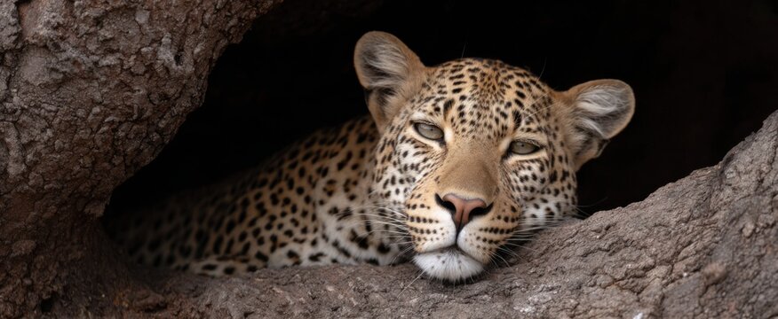 Leopard nestled in a large tree trunk radiates calm and serene strength.