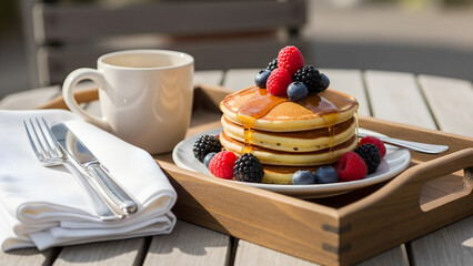 Delicious pancakes topped with fresh berries and syrup on a tray