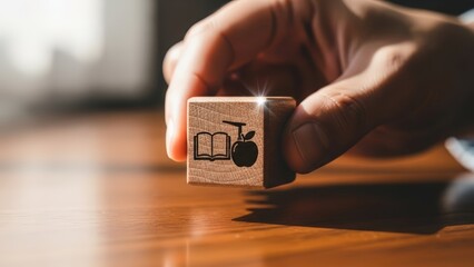 Person's hand holds wooden cube displaying book and apple icons symbolizing essential knowledge and academic learning