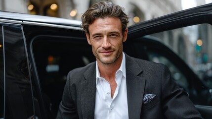 A man in a suit and tie is smiling and posing for a picture in a car. Concept of confidence and professionalism
