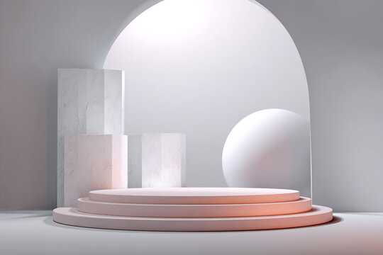 minimalist interior scene with rounded pedestals and marble columns