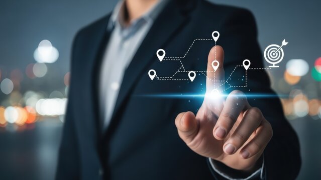 Businessman touching digital screen showing strategic navigation map to achieve business goals and success