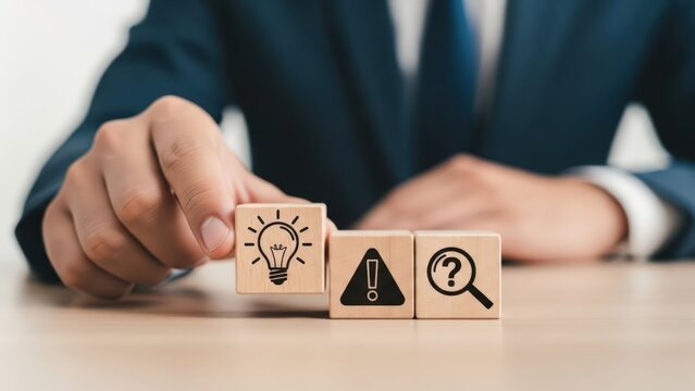 Businessman hand placing a lightbulb block next to problem and question marks symbolizing innovative thinking and strategic solutions