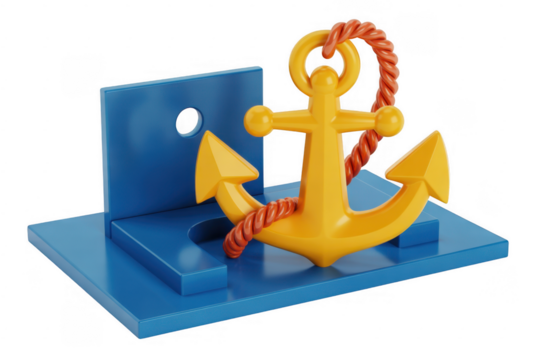 Yellow anchor with orange rope on blue stand isolated on a transparent background image