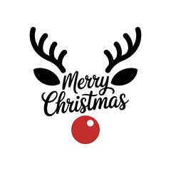 Obraz premium A minimalist design features black antlers and the phrase 'Merry Christmas' on a bright red background red nose.