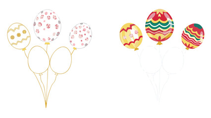 Festive easter egg shaped balloons with colorful patterns and outlines for decoration and celebration