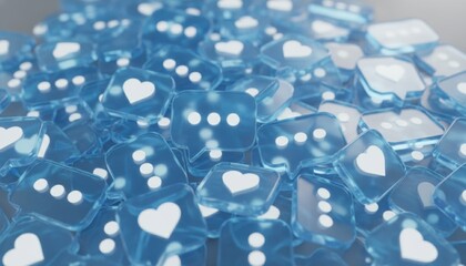 Large pile of blue glass social media icons with heart and comment symbols representing online engagement, communication, and notifications in a shallow depth of field 3D render