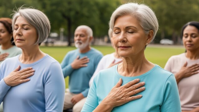 Diverse senior group meditating outdoors hands over heart finding inner peace and promoting mental wellness
