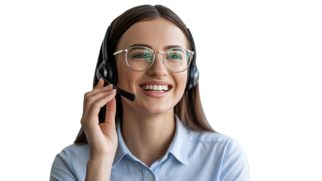 Professional corporate headshot of a smiling customer service young woman with headset,  blue shirt, soft blur, modern office style, bright even lighting focus portrait.Transparent background.