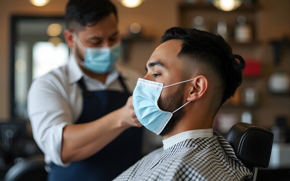 Barber with client in cloth face masks in barbershop. High quality