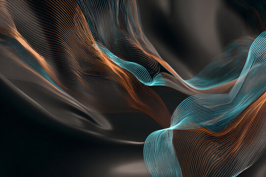 Abstract glowing wavy lines forming an elegant fluid pattern with blue and orange hues