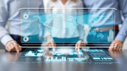 Team Collaboration on Technology:  A group of business associates is seen engrossed in a technologically advanced display that is filled with data analysis and maps. - Powered by Adobe