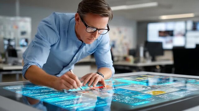 Modern Design Process: A focused professional meticulously analyzes a detailed plan on a cutting-edge interactive display, shaping innovative concepts and solutions. 