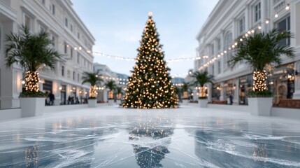 A Christmas tree is lit up in a city street. The tree is surrounded by people and potted plants. The scene is festive and lively, with the tree serving as a centerpiece for the holiday season
