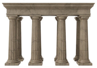 Ancient stone columns with fluted shafts and ornate capitals supporting a stone entablature isolated on a transparent background