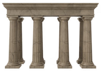 Ancient stone columns with fluted shafts and ornate capitals supporting a stone entablature isolated on a transparent background