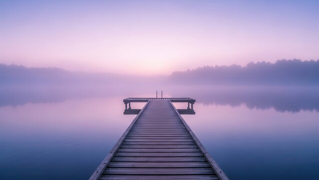 Wooden pier leading into a misty lake at sunrise or sunset