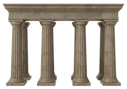 Ancient stone columns with fluted shafts and ornate capitals supporting a stone entablature isolated on a transparent background