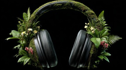 A pair of headphones with a green and brown mossy covering. The headphones are surrounded by a variety of plants, including flowers and leaves. Scene is one of nature and creativity