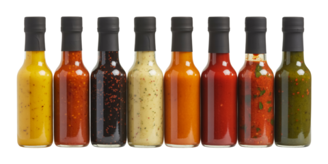 Professional product photography of eight vibrant glass hot sauce bottles in a row, highlighting colors, textures, reflections, and premium clarity. Transparent background.