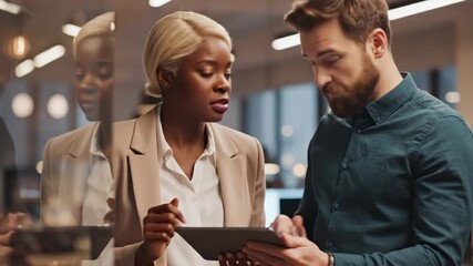 Two diverse business colleagues, a woman and a man, collaborating and looking intently at a digital tablet screen in an office setting - Powered by Adobe
